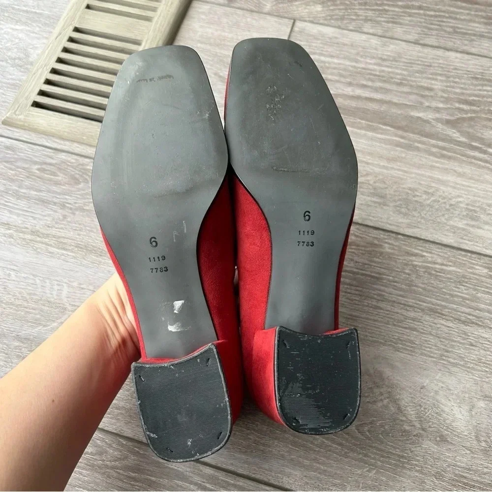 St. Michael Red Faux Suede Square Toe Block Heel Pumps - Picture 12 of 13